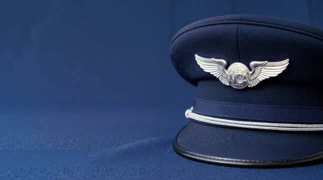 Dark blue flight attendant cap with silver wing badge. Pilot uniform hat on blue fabric background. World Civil Aviation career concept with copy space