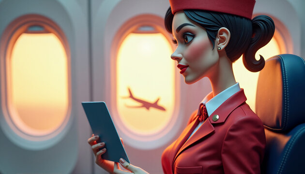 Stylized 3D flight attendant in red uniform holding tablet in airplane cabin. Stewardess working on digital device with sunset window view. World civil aviation flight attendant day concept