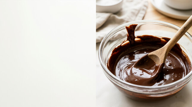 Melted dark chocolate in a glass bowl with a wooden spoon. Baking ingredient on marble countertop. Sweet dessert preparation concept with copy space