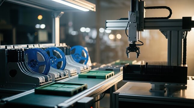 Close view of a halted chip assembly line with bare pallets, antistatic trays, microcontroller reels, and a robotic arm paused beside a wafer cassette, visualizing shortages in advanced electronics