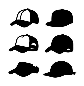 Six Baseball Caps and Visor Silhouettes, Vector Icons for Sportswear and Fashion Design
