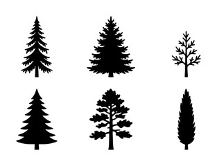 Fototapeta premium Diverse Evergreen Tree Silhouettes Collection, Pine Conifer Cedar Icons, Forest Nature Elements