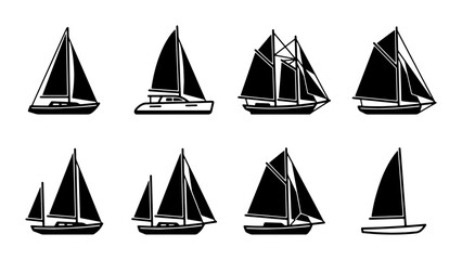 Diverse Sailboat Silhouettes Collection: Nautical Vessels, Sailing Craft, Marine Transport Icons © Hamim