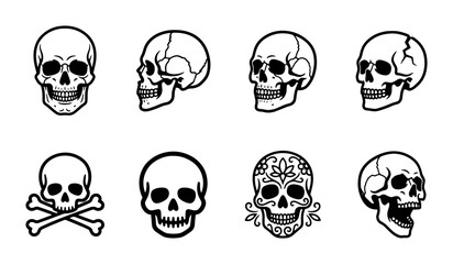 Fototapeta premium Vector Skull Icons Set: Human Cranium, Crossbones, Day of the Dead Art, Graphic Elements