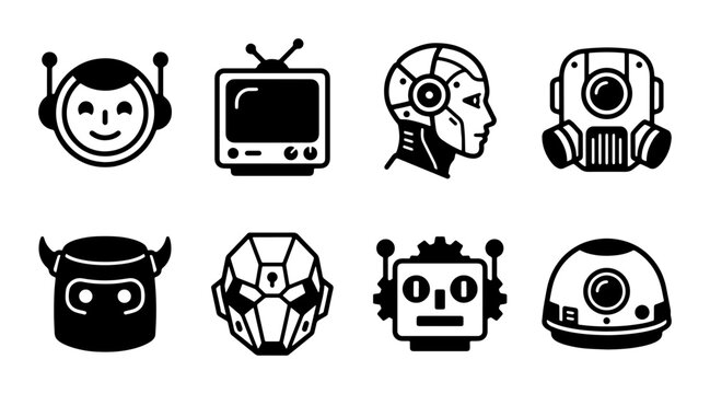 Robot Heads Vector Icons Set, Futuristic Android Faces, Sci-Fi Character Avatars, Technology AI Symbols