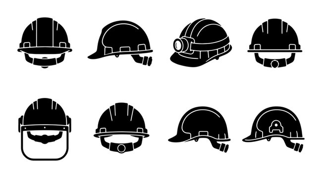 Hard Hat Icons Set, Safety Helmets Collection, Industrial Protective Gear, Construction Headwear Vector