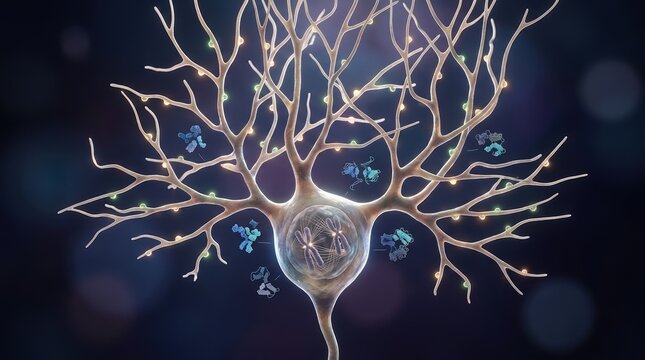 Detailed 3D cell biology render of a Purkinje-like neuron with branching dendrites, glowing synaptic boutons, and overlayed protein complexes, showing kinetochore filaments, microtubules, and