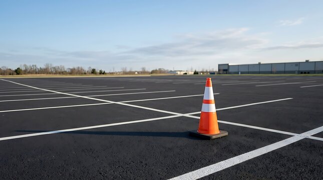 An empty parking lot with a traffic cone in the foreground. The parking spaces are clearly marked with white lines on the asphalt. The sky is clear with some clouds.