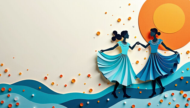 3D paper craft silhouettes of women dancing traditional folklore. Argentina Independence Day celebration. Copy space for text