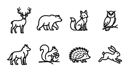 Fototapeta premium Forest Animal Icons Set: Deer, Bear, Fox, Owl, Wolf, Squirrel, Hedgehog, Rabbit Vector Graphics