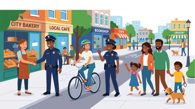 Police officers interacting with diverse community members on a city street.