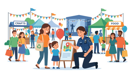 Fototapeta premium A friendly female police officer interacting with a little girl at a community festival.