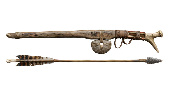 Scientifically Accurate 3D Render of a Prehistoric Atlatl Spear Thrower and Feathered Dart Isolated on White Background