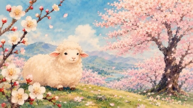 桜と梅に囲まれた羊の春景色 水彩イラスト