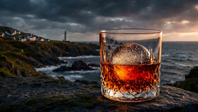 Scotch Whisky with Ice Ball Close-up and Blurred Islay Coast Background