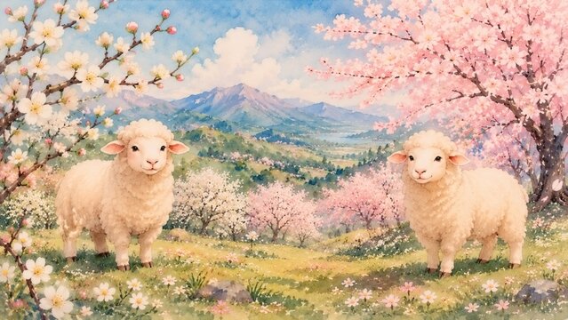 春の花咲く丘の羊たち 水彩イラスト
