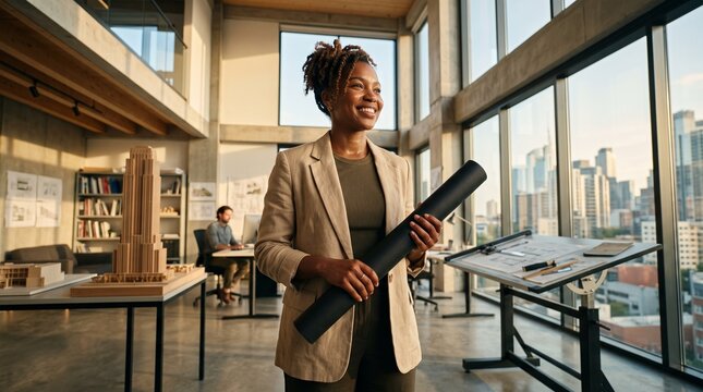Successful Black female architect holding blueprints in modern office with city view