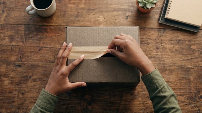 Overhead view of Black hands sealing a cardboard shipping box with tape on a rustic wooden table, coffee and plant nearby