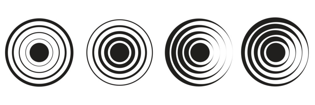 concentric ripple circles set. Radial signal or vibration elements. Hypnotic vertigo spiral. sound wave rings collection. retro halftone vector textures
