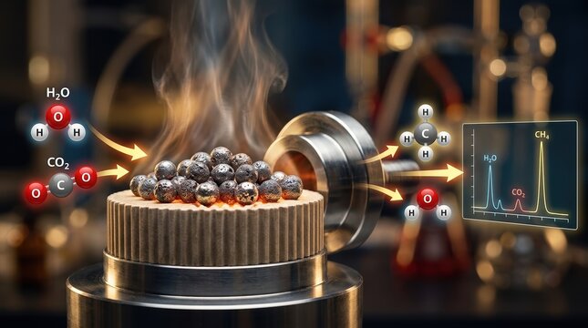 Macro view of catalyst pellets on a ceramic support beside schematic molecules of H2O and CO2, with reaction arrows, heat shimmer, and a gas chromatograph trace emerging from the reactor, emphasizing