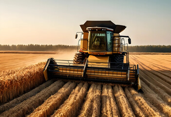 Fototapeta premium Combine harvester harvesting wheat in field at golden hour