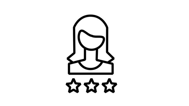 Animated Customer Profile Rating Icon. Animated linear color icon featuring a female user profile with three stars underneath for review or ranking feedback.