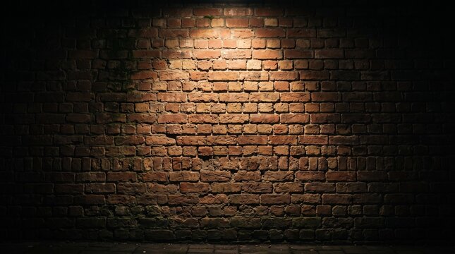A weathered brick wall illuminated by a single spotlight creating dramatic shadows and highlights, with a textured surface and hints of moss