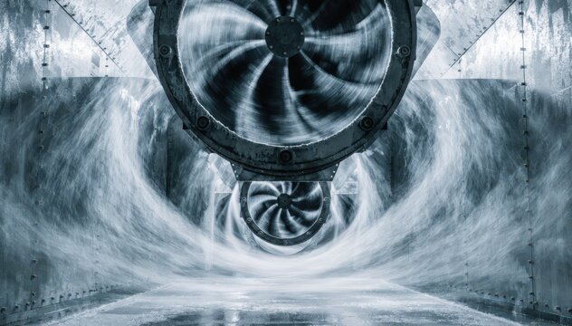 Medium shot focusing on recirculating fans inside a multizone drying kiln showing consistent airflow patterns designed to evenly dry wallboards and minimize bending.