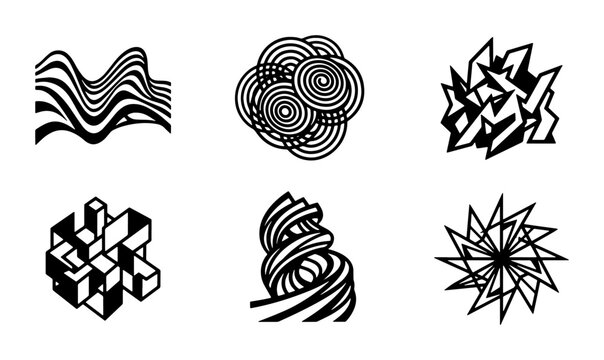 Abstract Geometric Shapes Set, Modern Op Art Vector Icons, Minimalist Black and White Graphic Elements