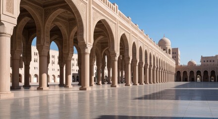 Fototapeta premium A long colonnade of arches in a sunlit courtyard