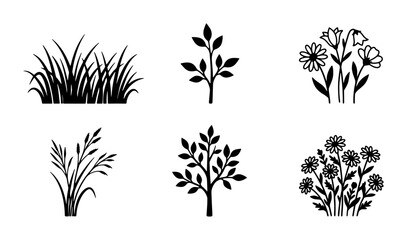 Vector Botanical Icons: Grass, Trees, Flowers, Plants, Nature Elements, Silhouette Graphics © Md