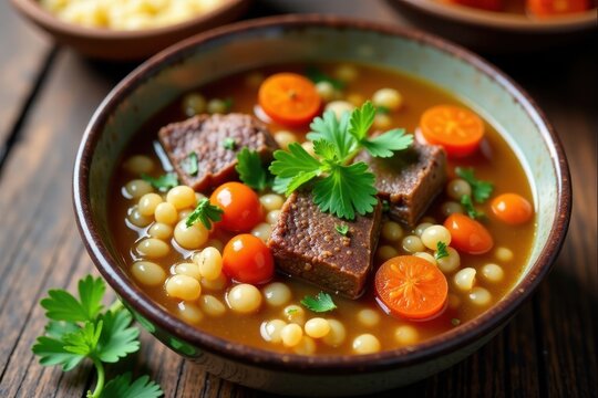Tender chunks of beef and pearl barley in a flavorful vegetable-rich broth, barley, hearty, broth