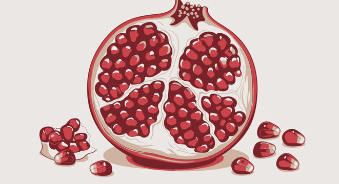 Fresh ripe pomegranate slice with arils scattered around