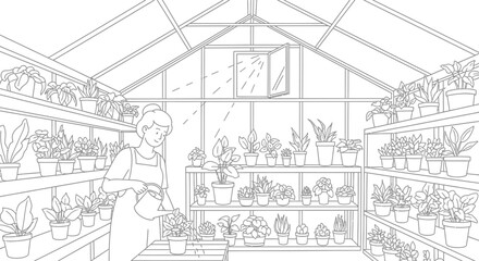 Fototapeta premium Person watering plants in a greenhouse full of various potted plants on shelves
