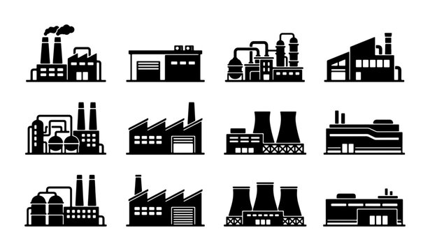 Industrial Factory Icons Collection, Manufacturing Plant Building Silhouettes, Power Plant Structures, Vector Set