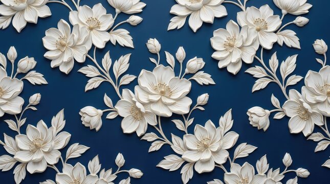 An intricate pattern of white embossed flowers with green leaves against a dark blue background, creating a luxurious and classic aesthetic