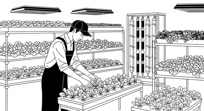 Vertical farming worker tending to plant growth under artificial light