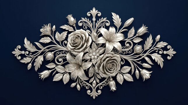 A stunning silver filigree ornament featuring roses and lilies, presented on a dark blue background