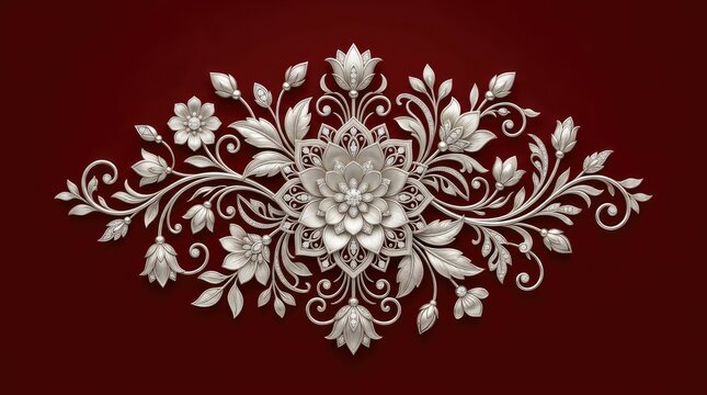 An intricate silver floral ornament on a dark red background, featuring a central lotus flower surrounded by leaves and buds