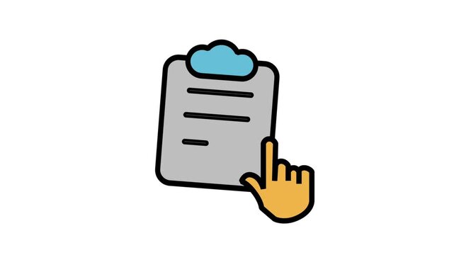 Hand Pointing Checklist Clipboard Animation. Animated flat line icon of a hand finger pointing at a document clipboard with multiple lines.