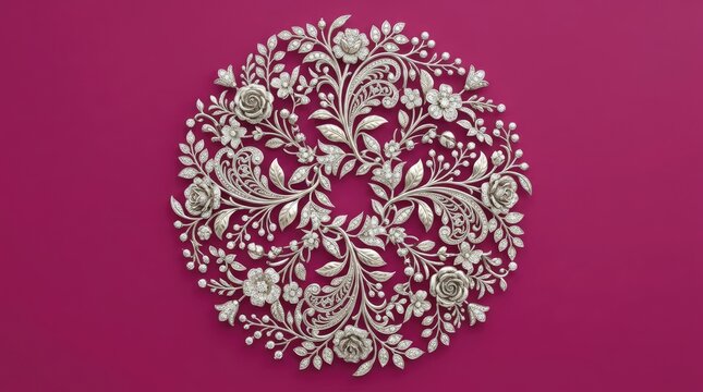A beautiful silver floral mandala pattern on a deep pink background