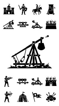 Medieval Siege Warfare Icons: Castle, Catapult, Knight, Archer, Trebuchet