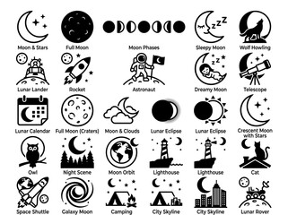 Moon Phases, Space Icons: Astronaut, Rocket, Lunar Lander, Wolf, Owl, Cat © Raffi
