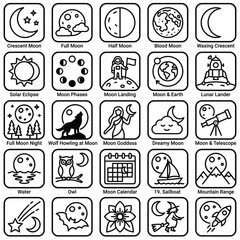 Moon Phases, Lunar Calendar, Astronomy Icons & Symbols Collection © Raffi