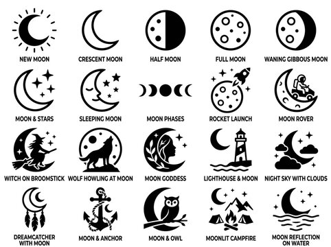 Moon Phases and Celestial Icons Vector Set