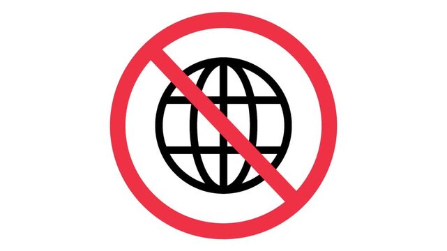 Animated No Internet Globe Blocked Icon. Animated thick red prohibited sign overlapping a wireframe world globe, indicating no network access or offline status connection.