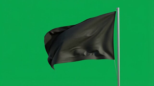 a plain black flag waving naturally in the wind on a silver flagpole against a bright green chroma key background