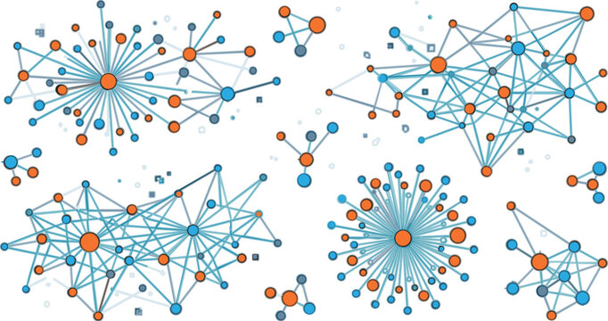 Interconnected network nodes and data web clusters vector set with flat line art blockchain communication graphics