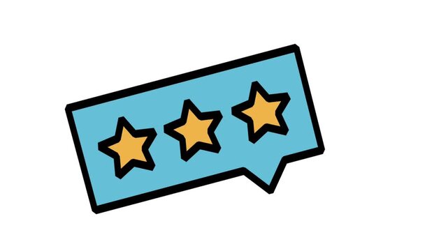 Animated Three Star Review Chat Icon. Animated rectangular speech bubble icon containing three gold ranking stars representing user feedback, client testimonial, and evaluation rating.