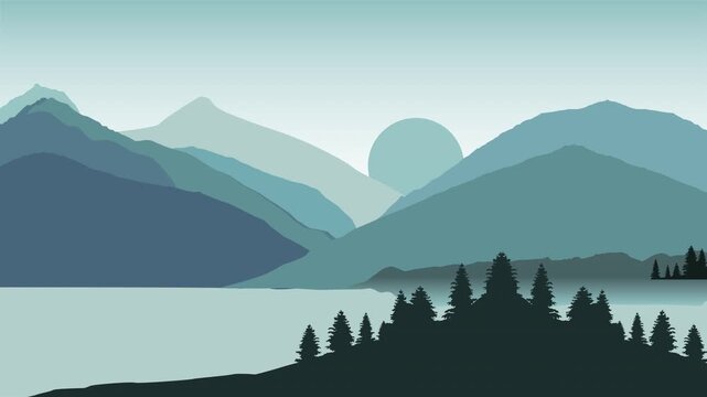 Animated landscape background. 4k Blue mountain silhouettes animation, hazy sun, calm water, pine forest. suitable for travel videos, nature themed designs, and outdoor related projects.